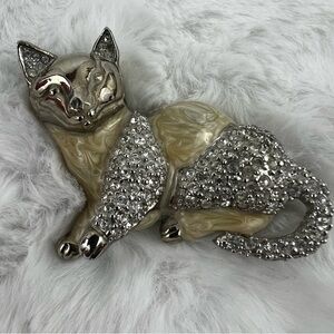 Vintage Enamel and Rhinestone Cat Brooch